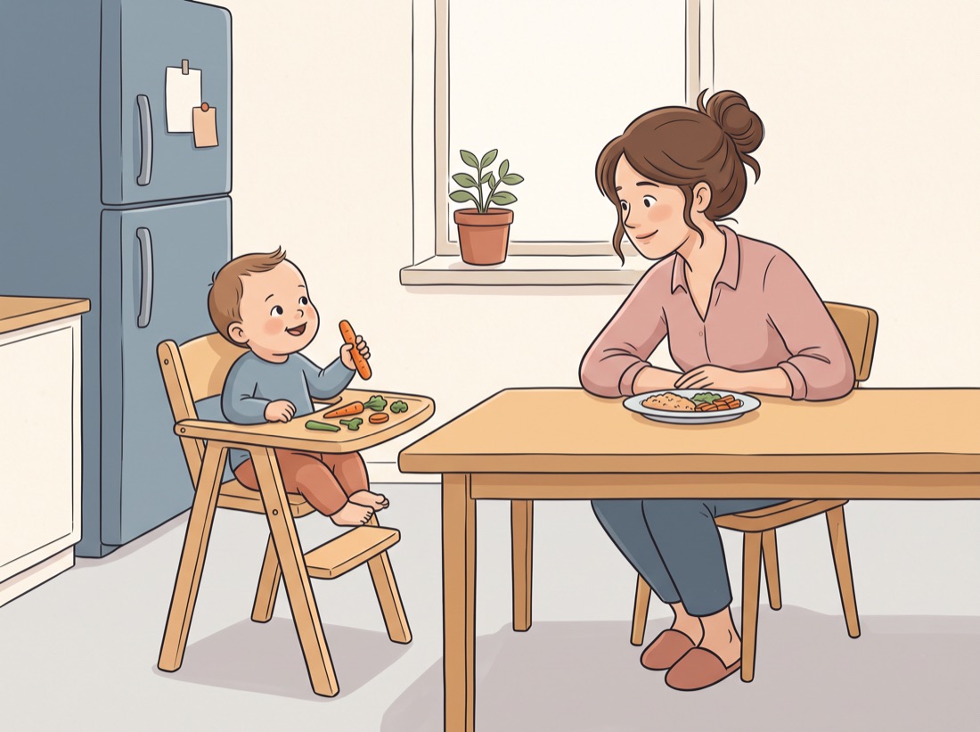 Le même bébé qui attrape un bâtonnet de légume en souriant, mère détendue