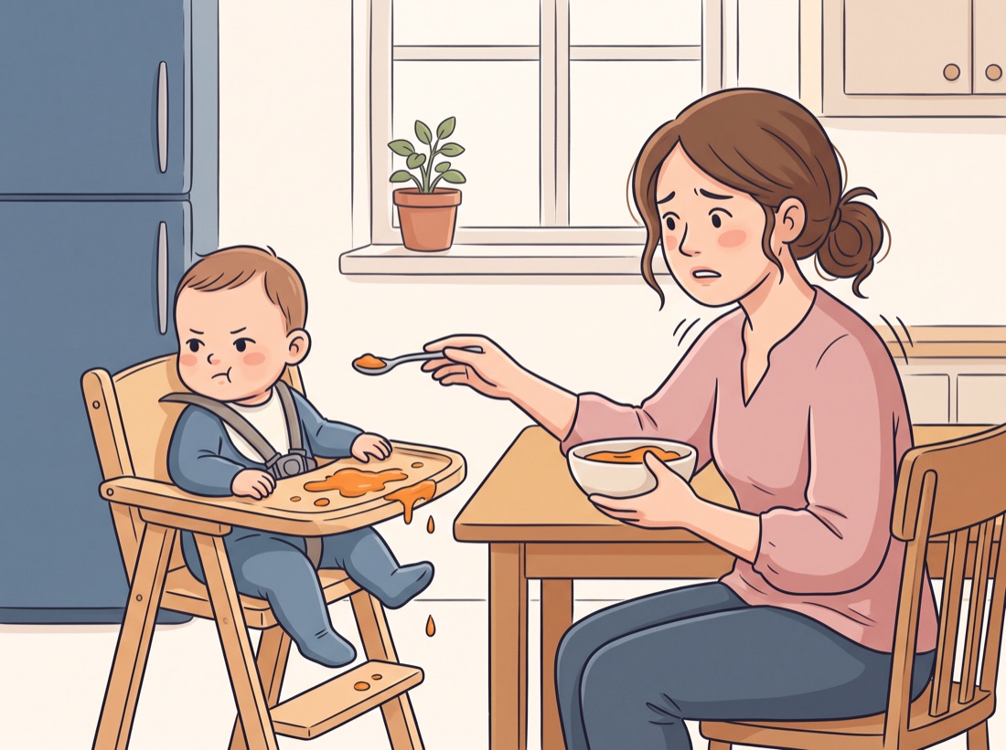 Un bébé qui refuse la cuillère, purée renversée, mère inquiète